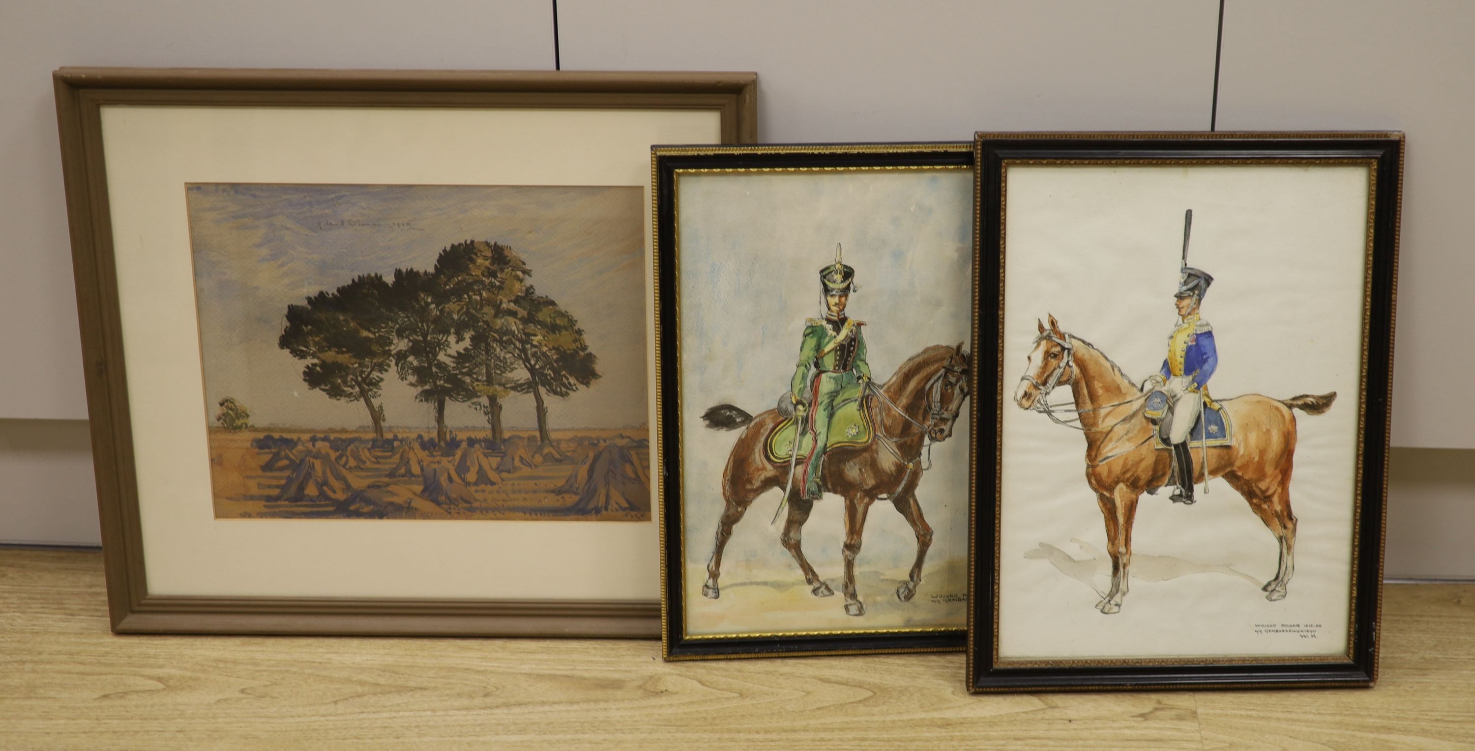 Polish School, two ink and watercolour drawings, Studies of Polish cavalrymen c.1815-30, 38 x 27cm and a watercolour of a cornfield